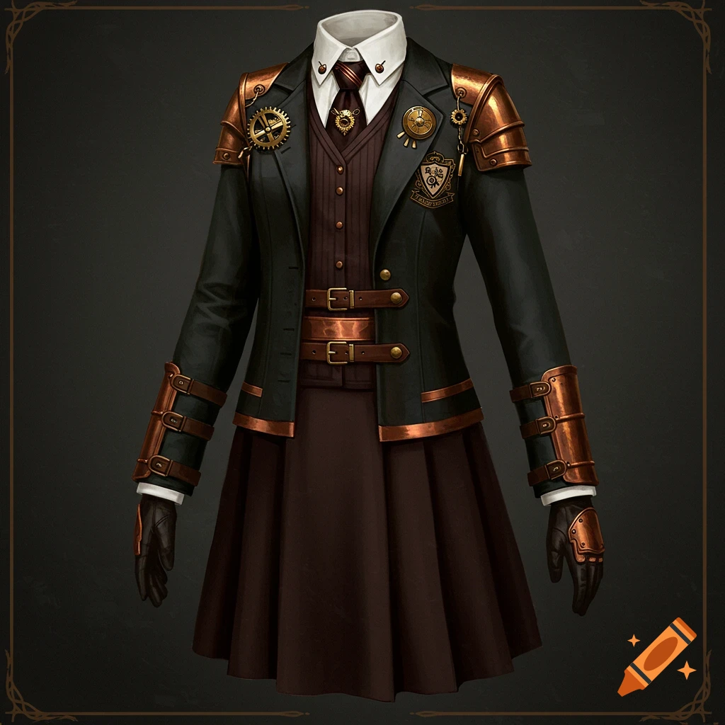 A detailed steampunk school uniform featuring a black jacket, brown skirt, gears, and metallic accents.