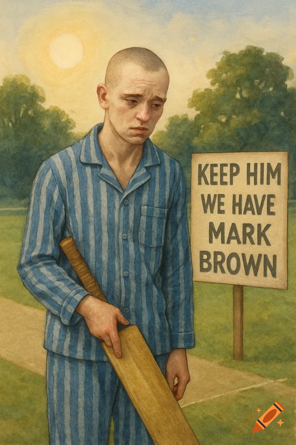 Sad man in blue striped pyjamas holding a cricket bat next to a sign that says 'KEEP HIM WE HAVE MARK BROWN' in a painted style.