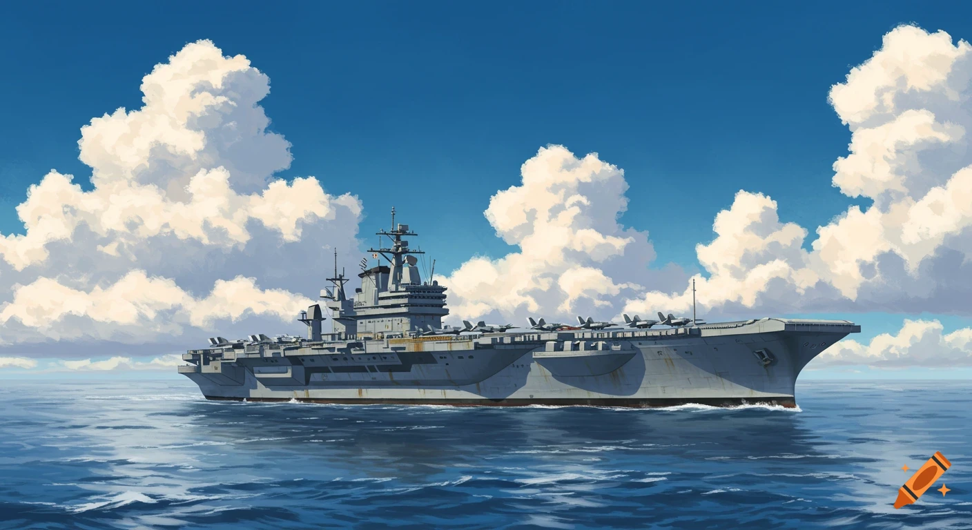 An anime-style illustration of an aircraft carrier on a choppy sea under a blue sky with large clouds.