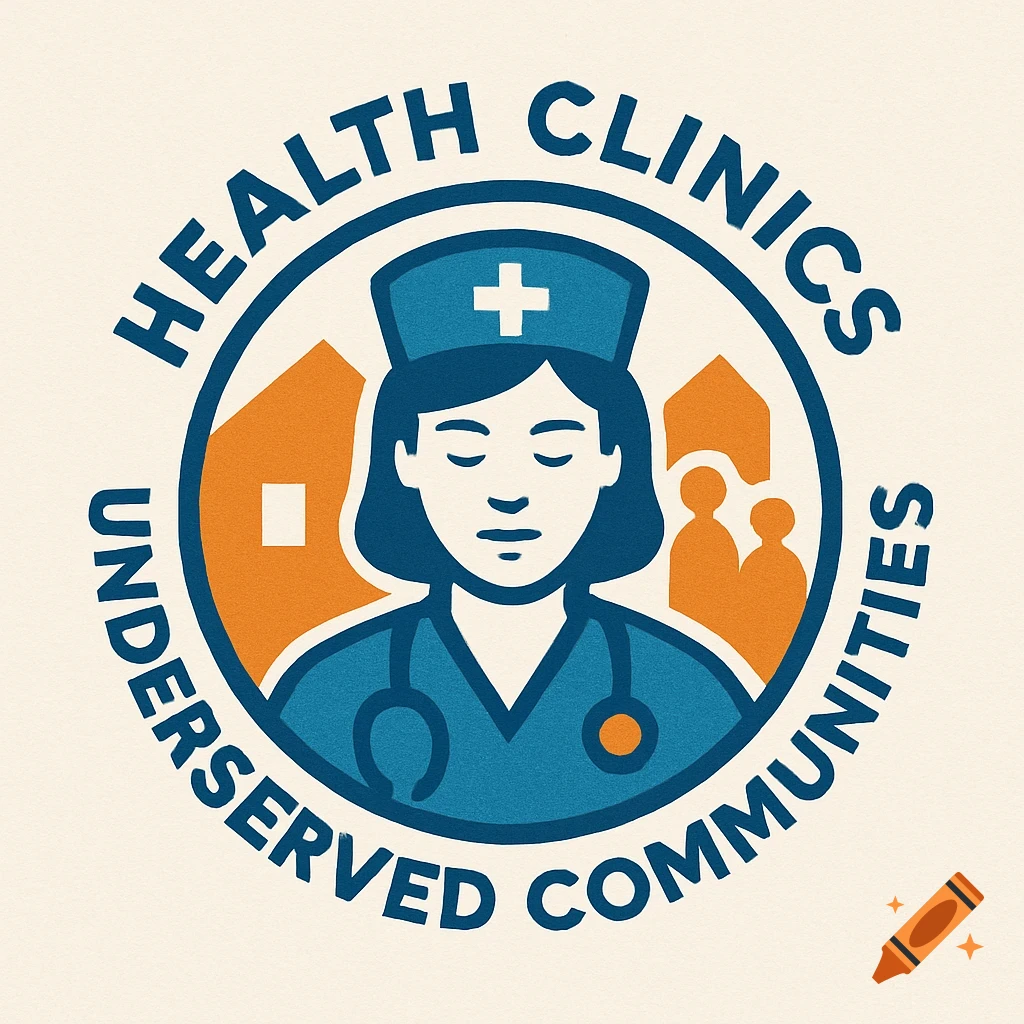 A circular logo with a nurse in the center, houses and figures behind her, and text around the edge.