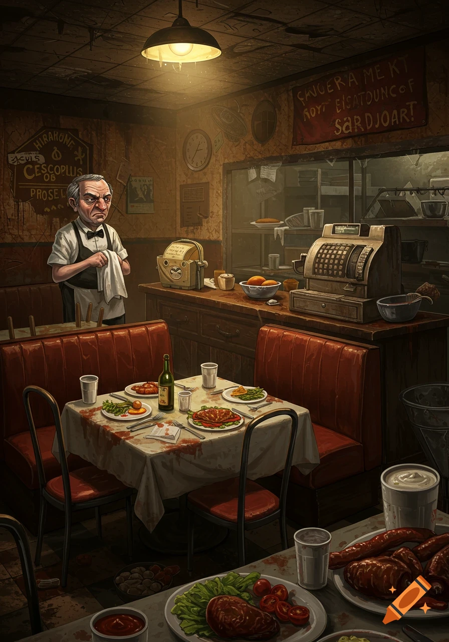 Grumpy waiter in a dirty, dimly lit restaurant with food and messy tables. Illustration.
