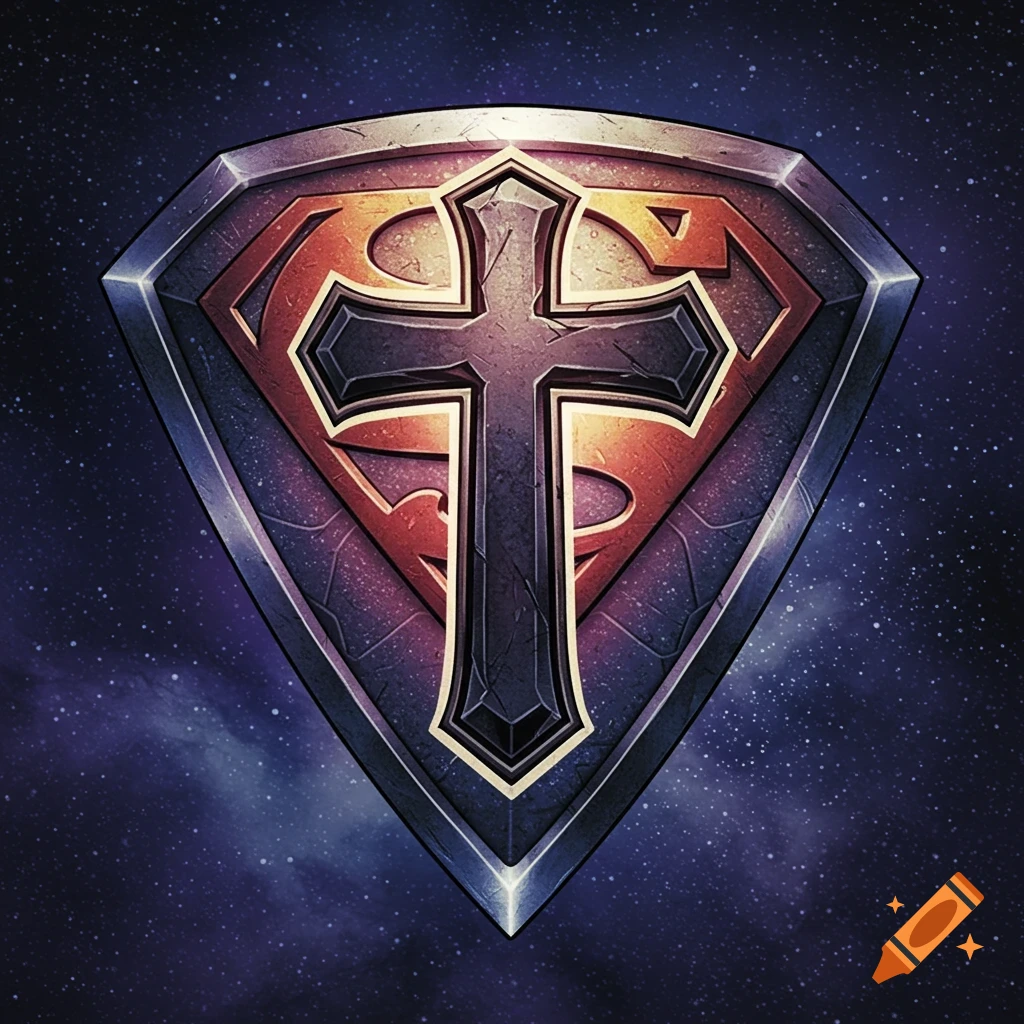 A stylized shield logo featuring a red 'S' symbol overlaid by a cross, against a starry background.