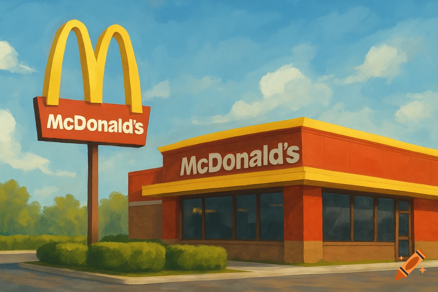 A painted image of a McDonald's restaurant and sign under a cloudy blue sky.