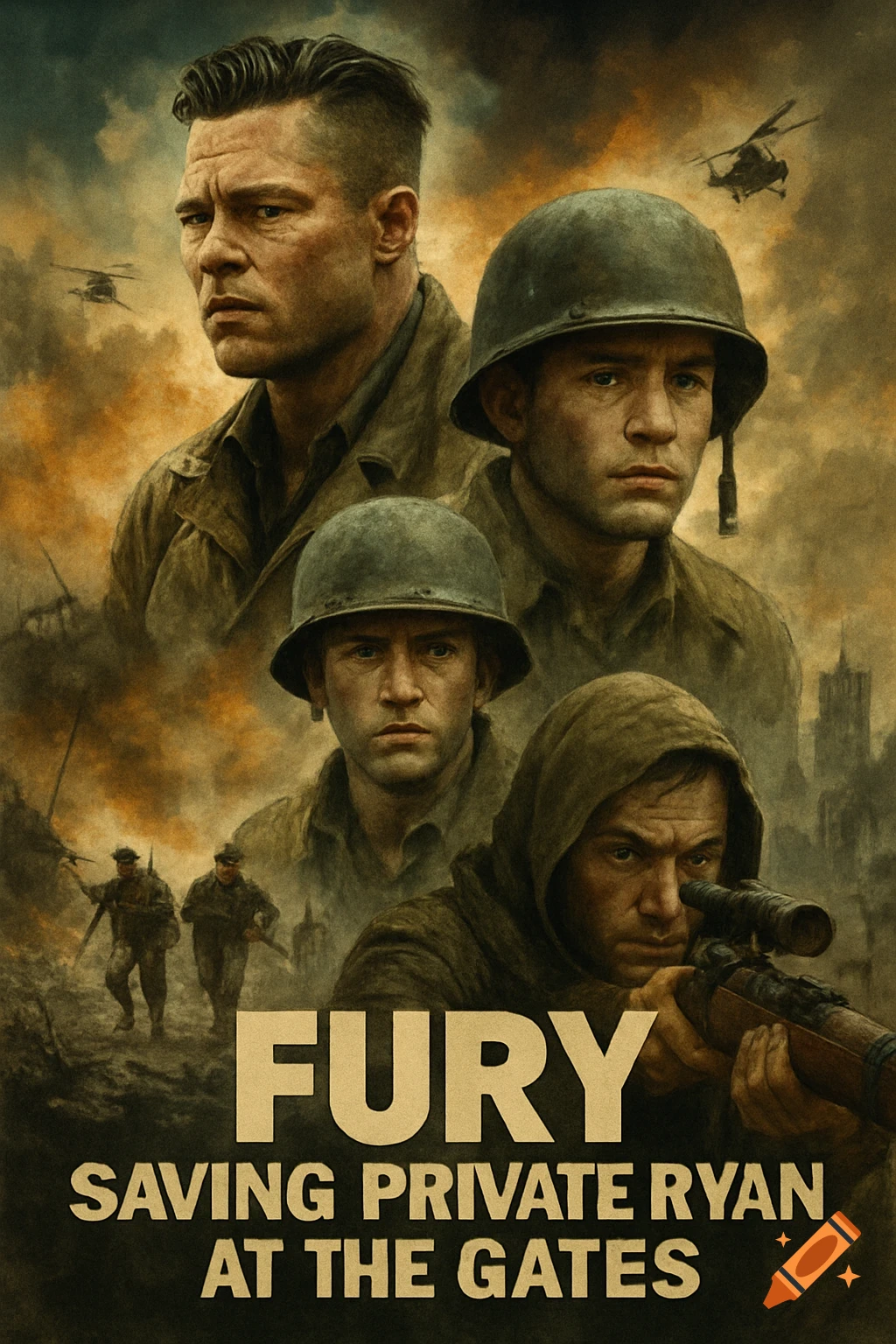 Movie poster style image of soldiers with text FURY SAVING PRIVATE RYAN AT THE GATES