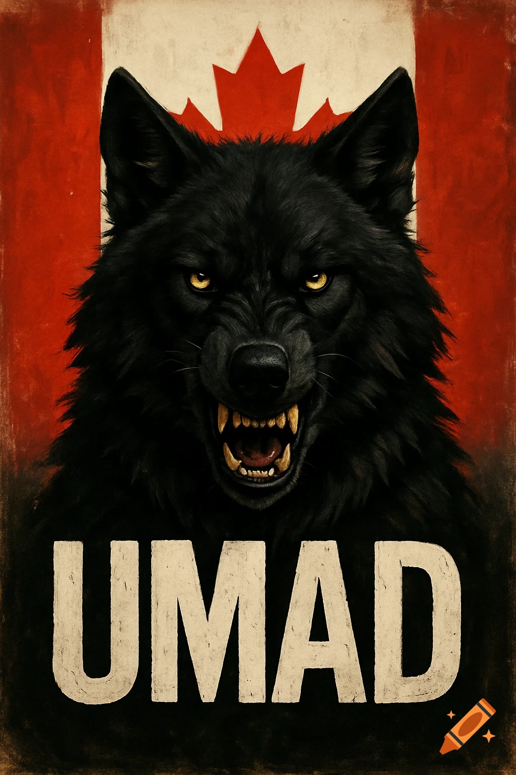 An angry black wolf head in front of a Canadian flag with the word UMAD below.