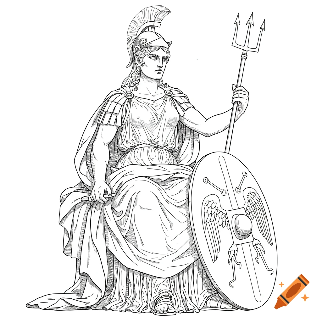 Line drawing of a seated classical figure with helmet, shield, and trident.