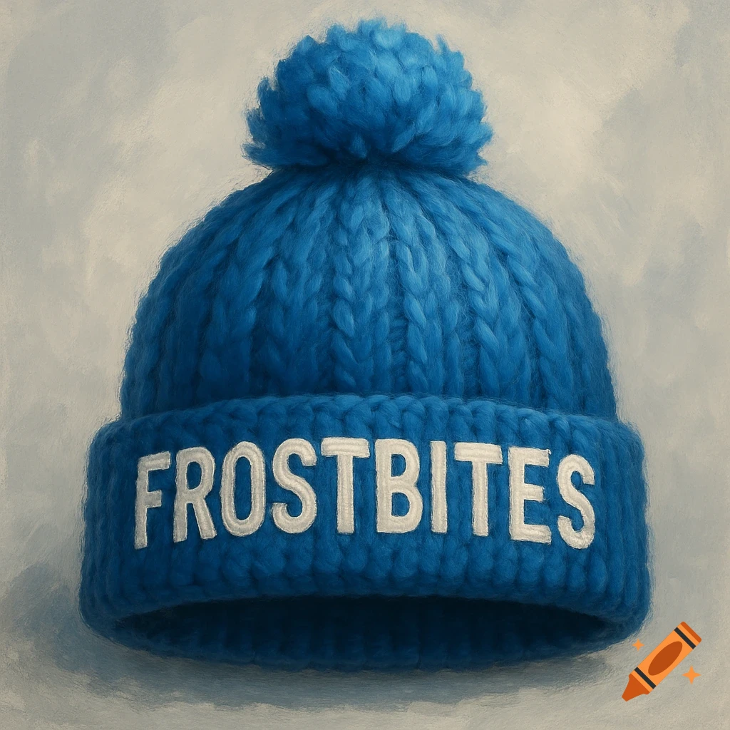 A blue knitted winter hat with a pom-pom and 'FROSTBITES' written on the band.