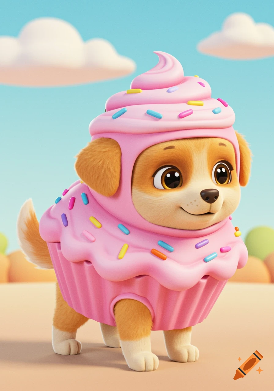 An animated puppy wearing a pink cupcake costume with sprinkles standing outside.
