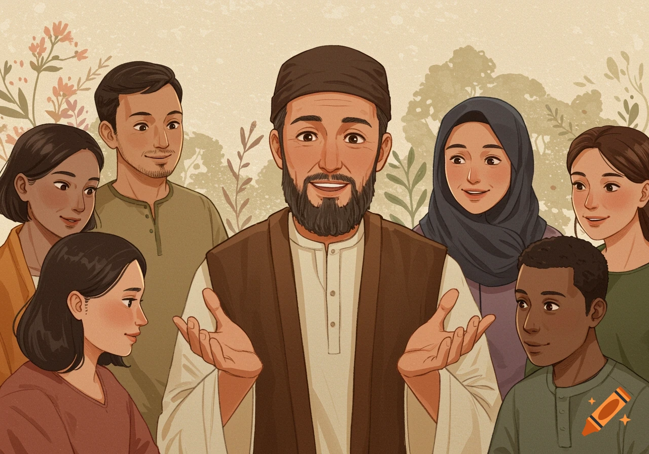 An illustration of a diverse group of people listening to an older man speaking with open hands.