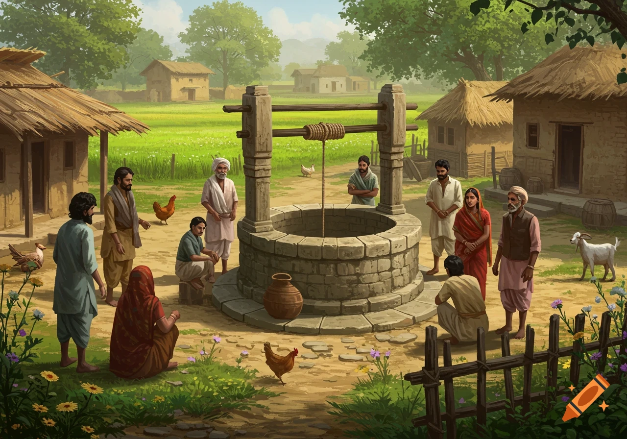 Rural South Asian village scene with people gathered around an old stone well.