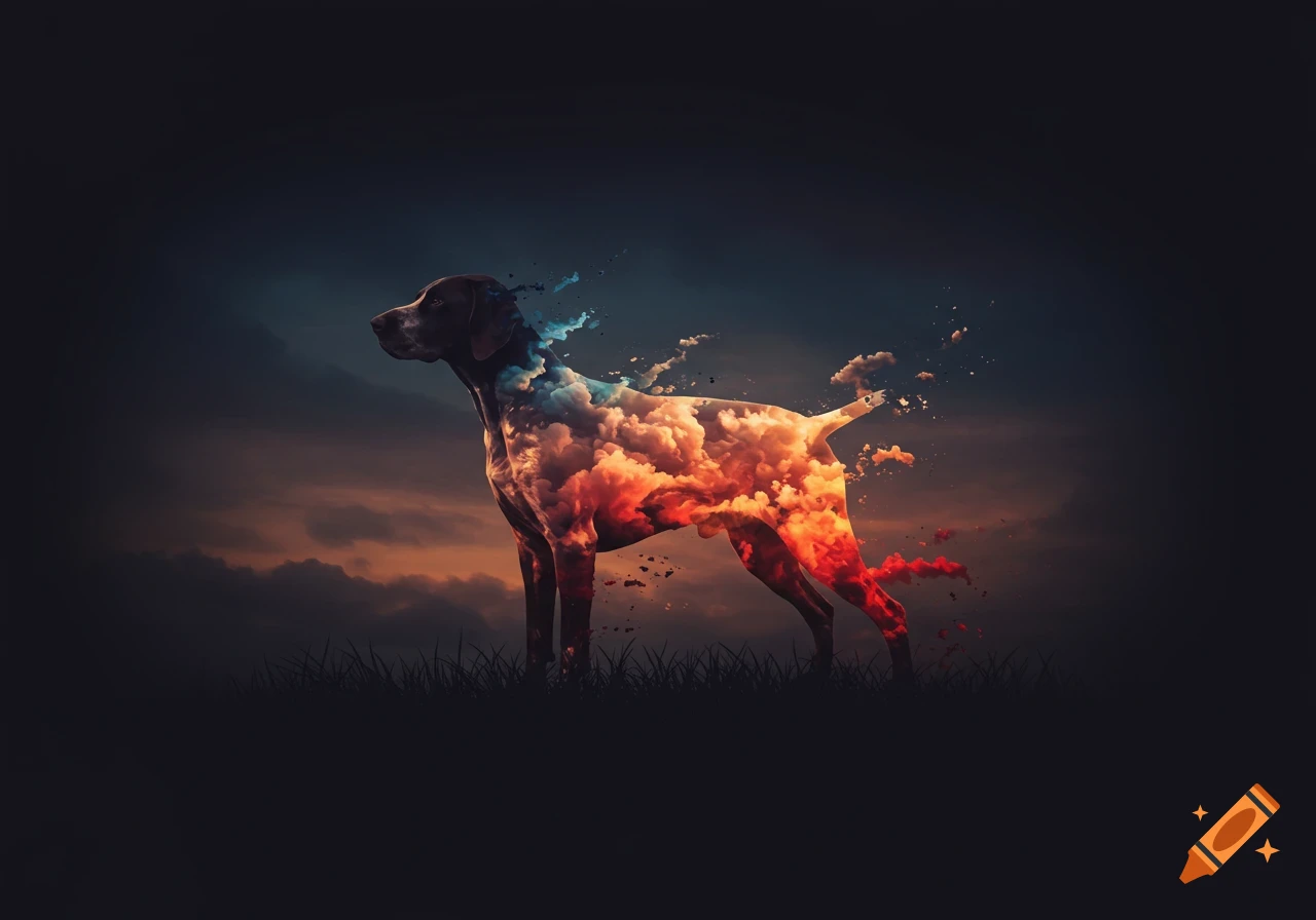 A dog figure made of orange and blue clouds dissolves into a dark sky.
