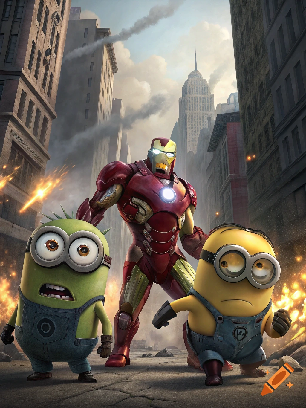 Iron Man and two Minions stand in a city under attack.