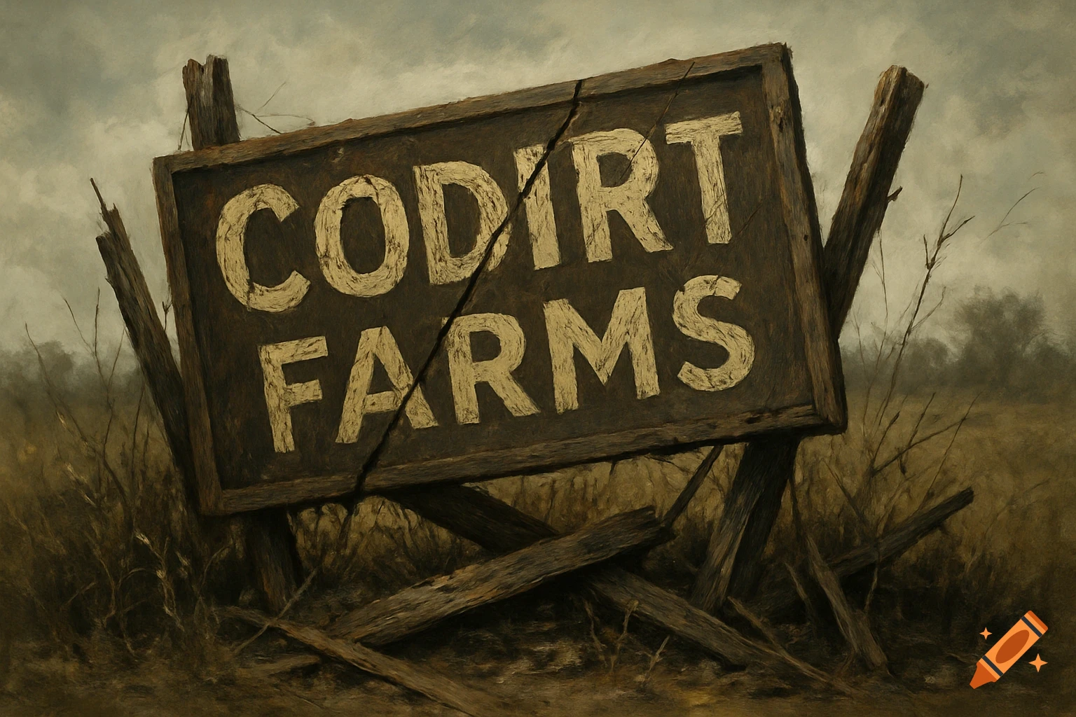 A weathered and cracked sign reading "CODIRT FARMS" in a field under a cloudy sky, in a painterly style.