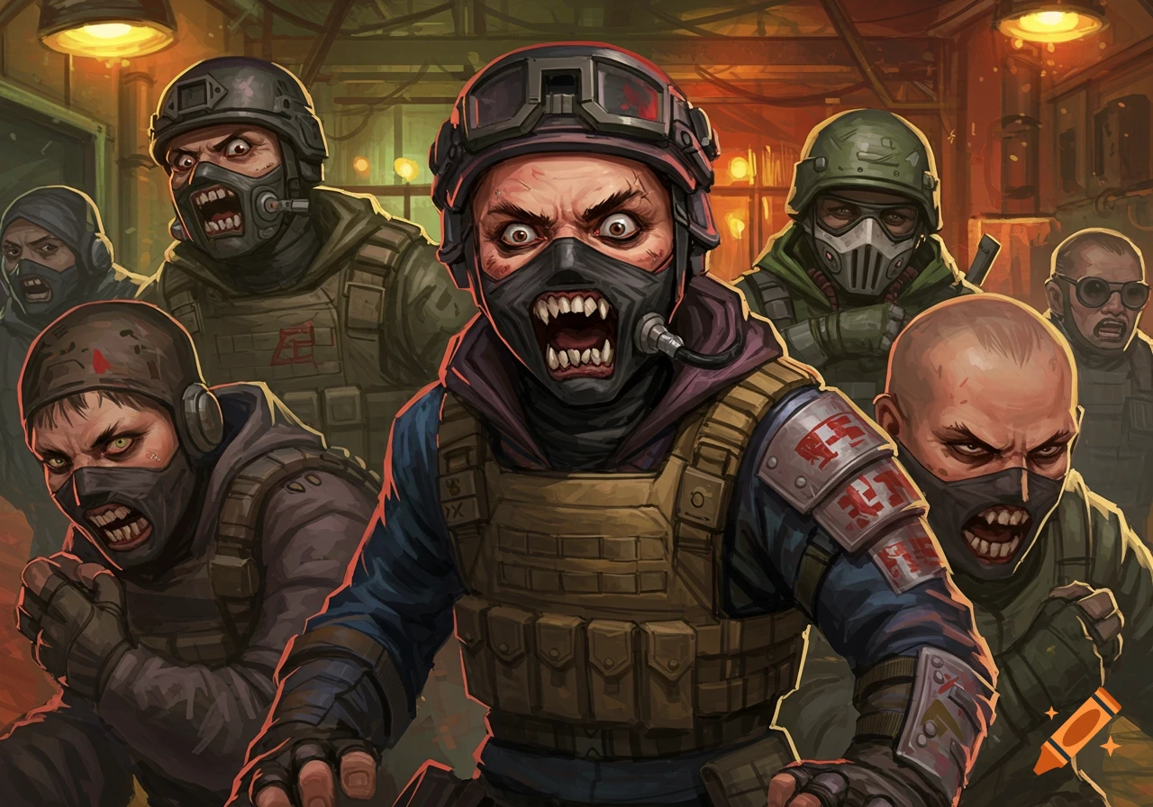 Aggressive characters in tactical gear with masks and monstrous teeth, stylized art.