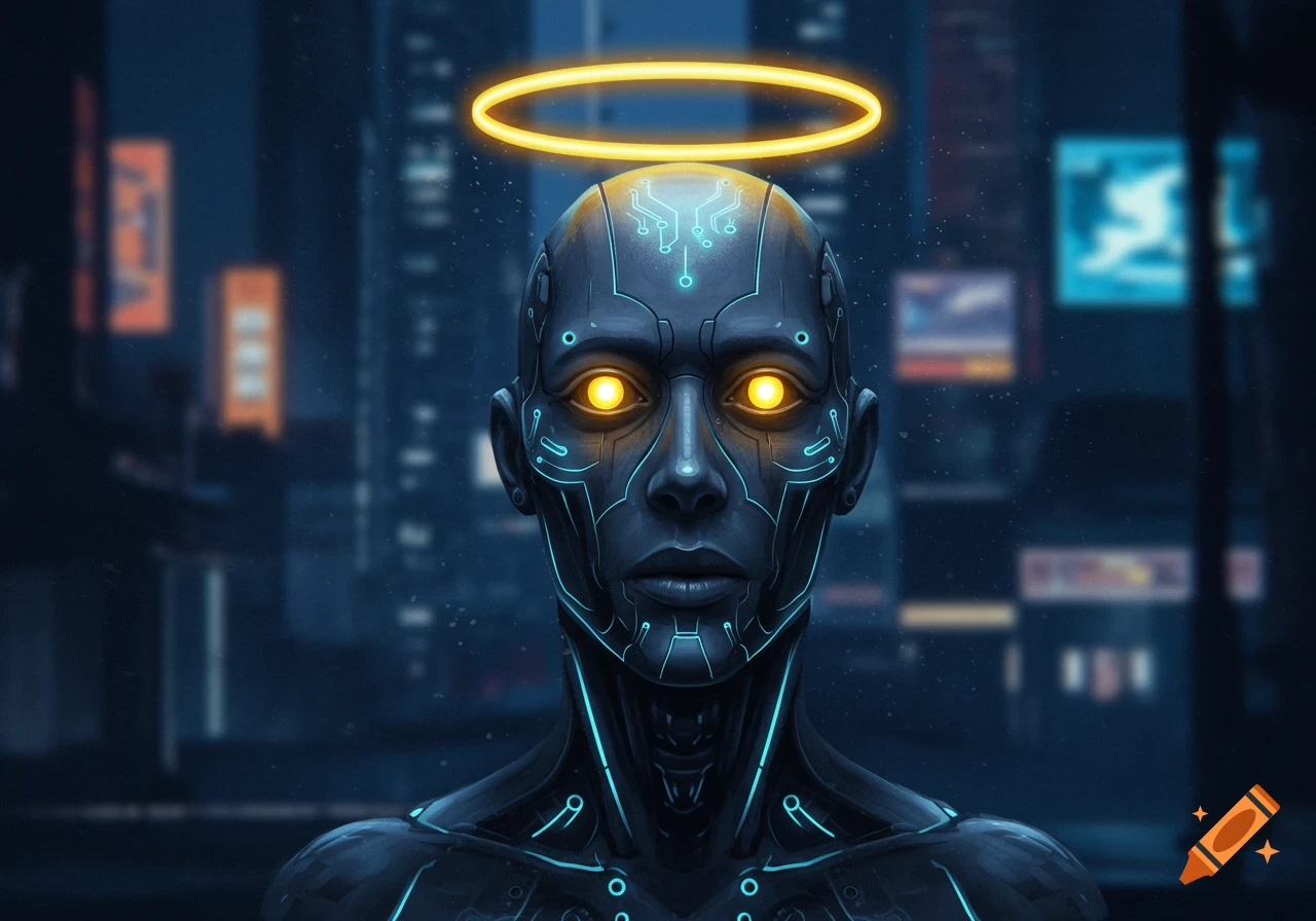 Close-up of a dark cyborg with glowing yellow eyes and halo in a cyberpunk city.