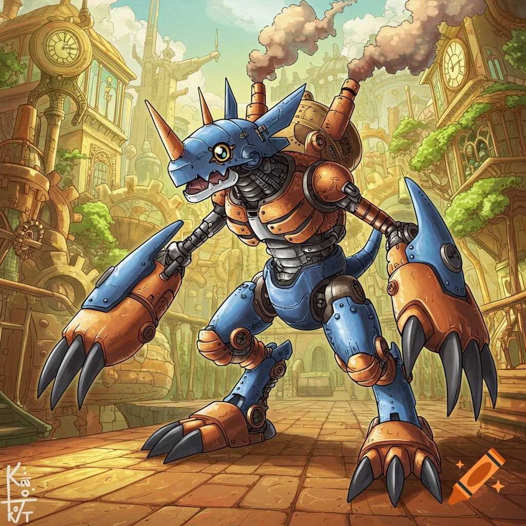 Illustration of a steampunk robot creature in a city.