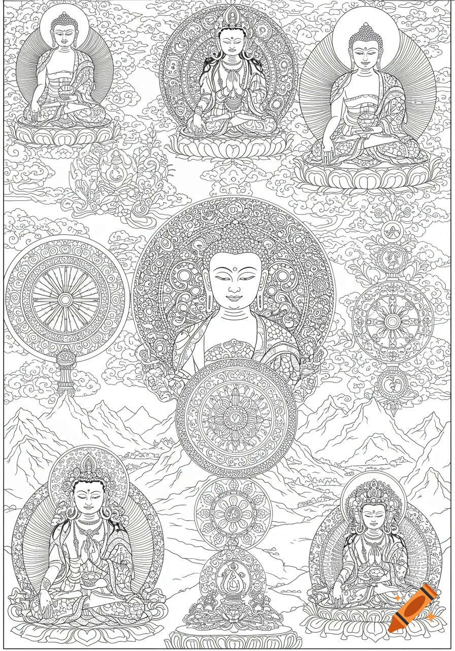 Black and white coloring page with multiple Buddhas and Tibetan art symbols