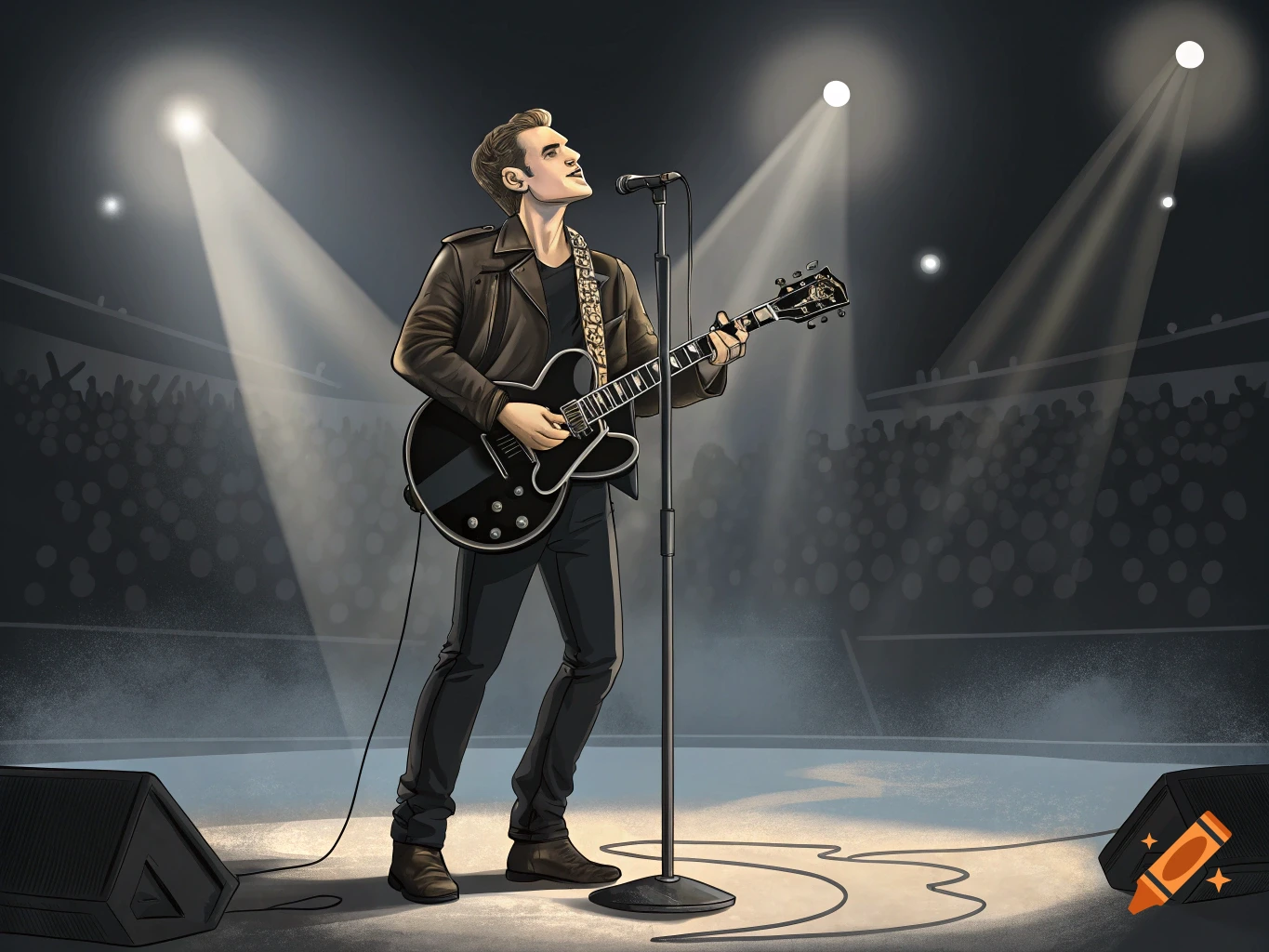 An illustration of a musician playing a black guitar on stage under spotlights.