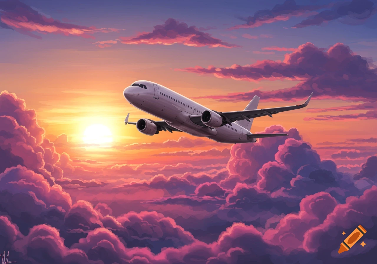 An airplane flies through vibrant pink and purple clouds during a sunset in an illustration style.