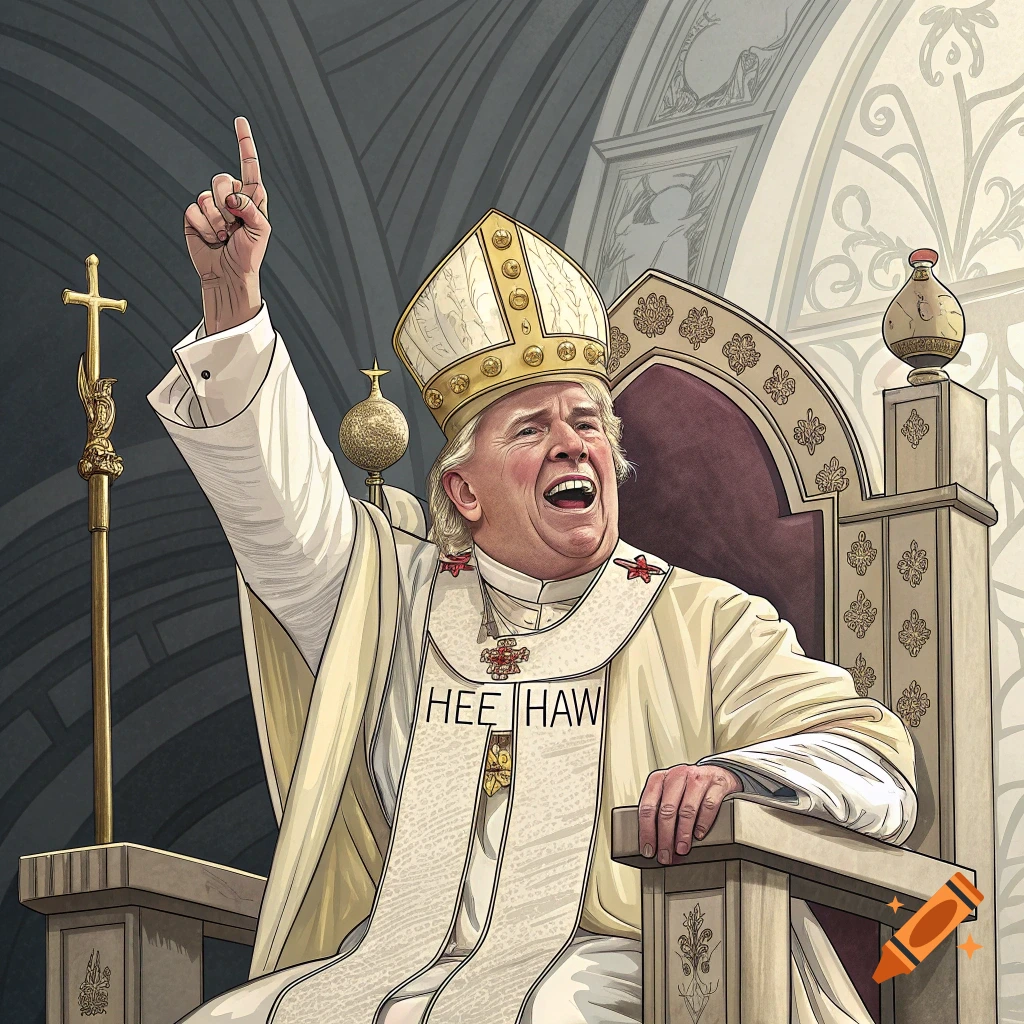 Illustration of Donald Trump as a Pope, seated on a throne, pointing upwards, with "HEE HAW" on his robe.