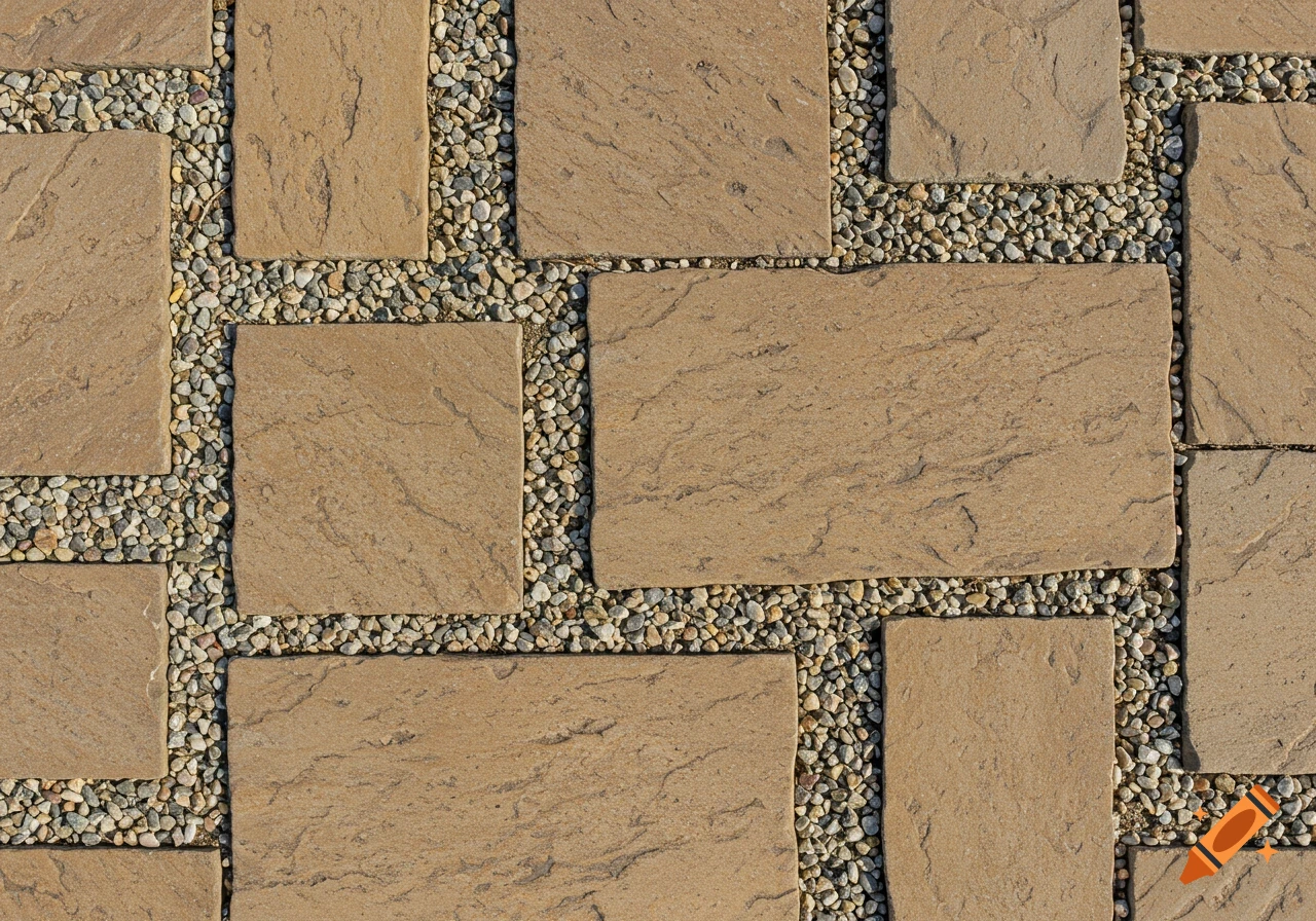 Close-up view of textured brown flagstones with small pebbles filling the gaps.