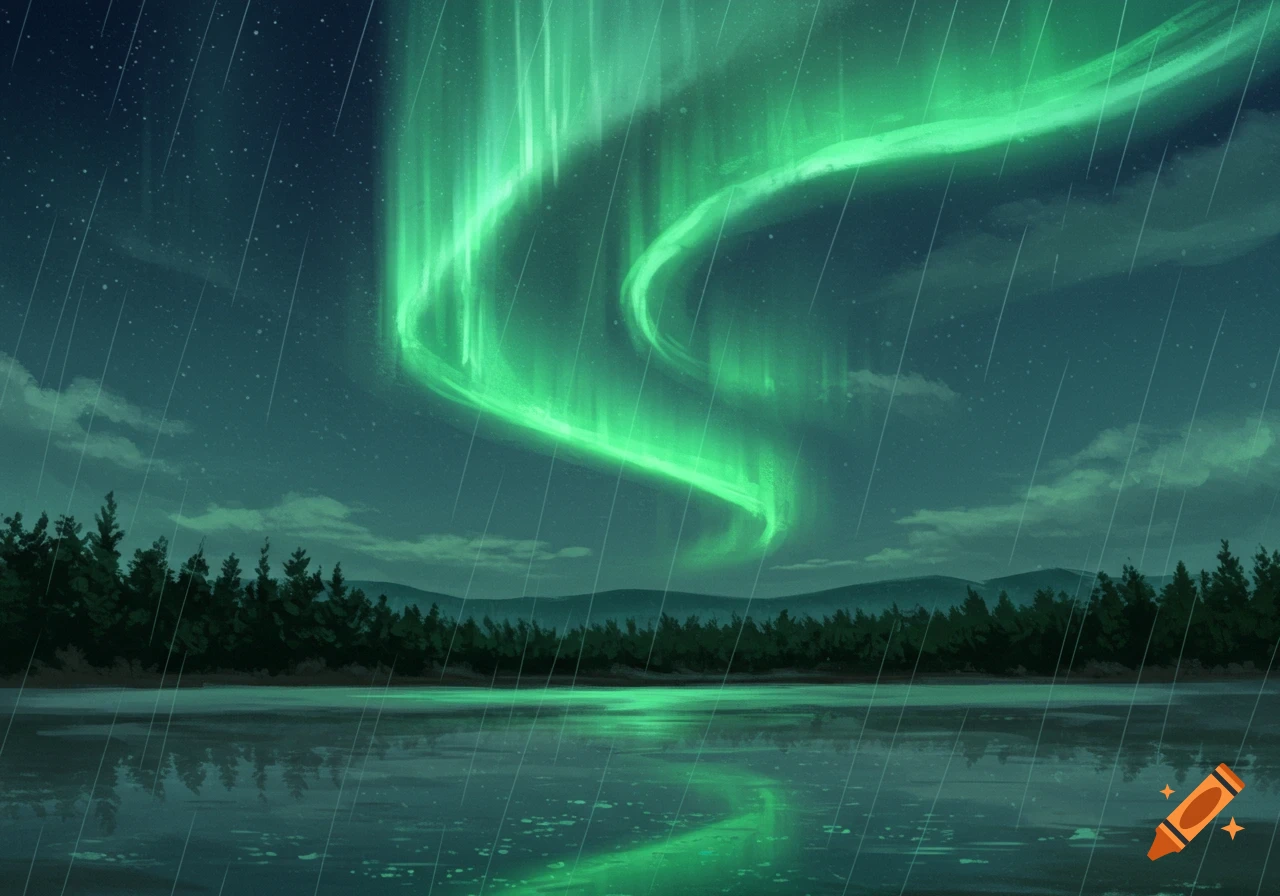 Illustration of a green aurora borealis over a lake and forest, with rain falling.