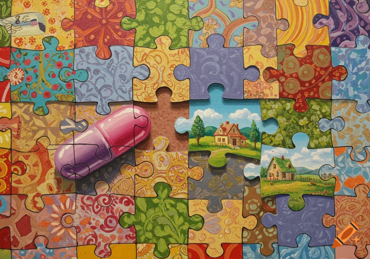 Colorful puzzle with many patterned pieces, one missing piece reveals a small house landscape, and a large pink pill lies on another piece.