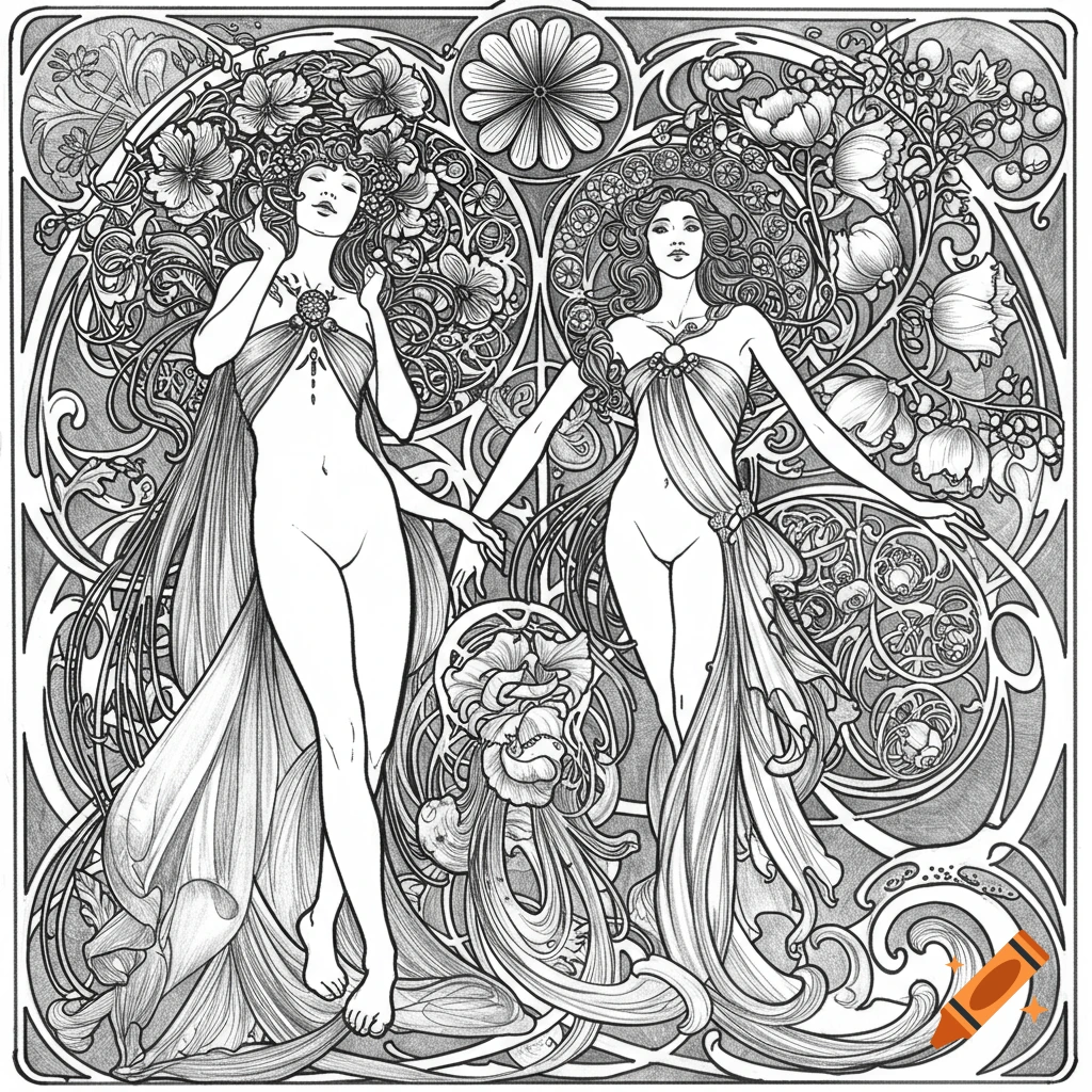 Black and white Art Nouveau illustration of two women surrounded by ornate floral and organic designs.