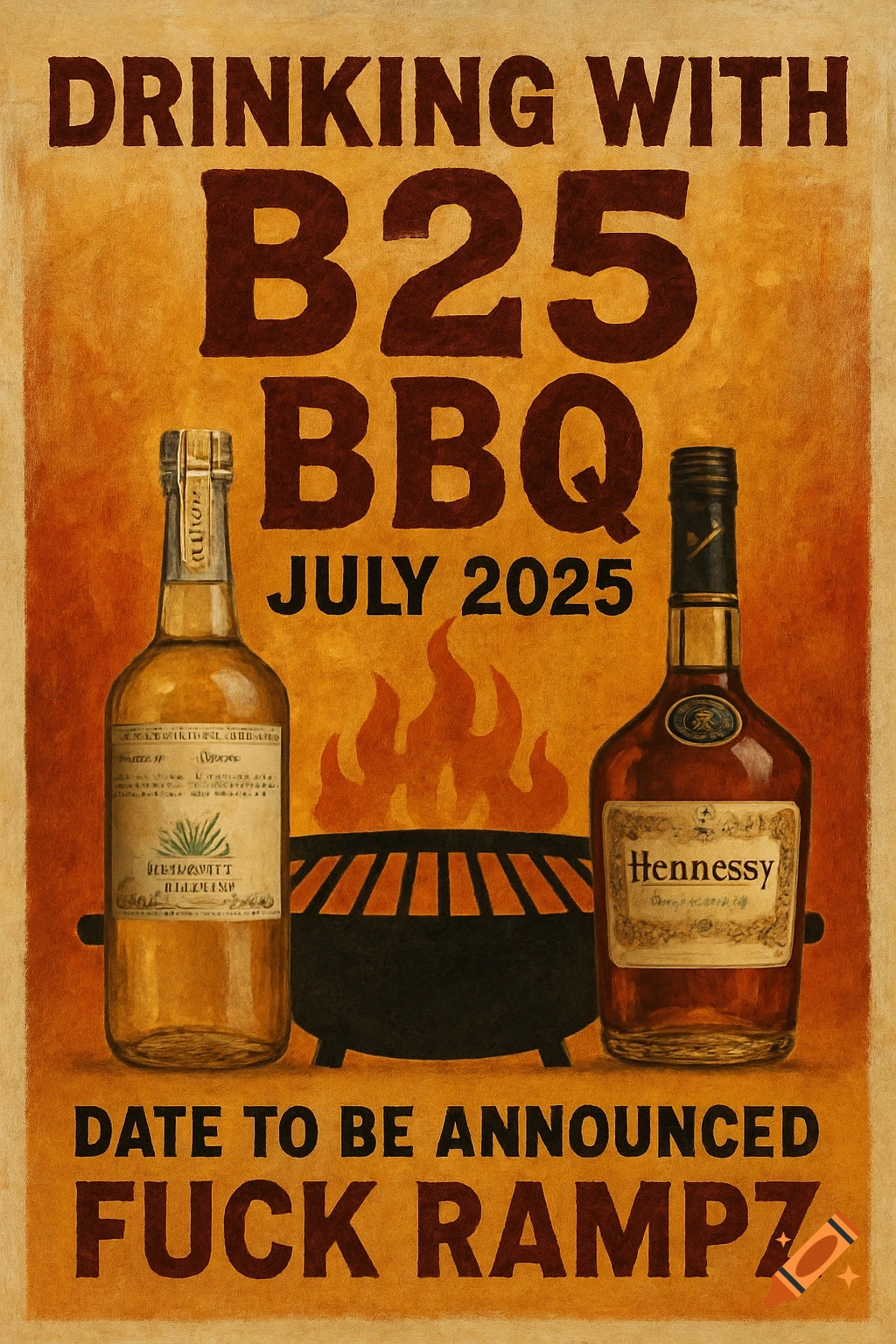 A painting of a poster for a BBQ event with bottles of alcohol and a grill with flames.