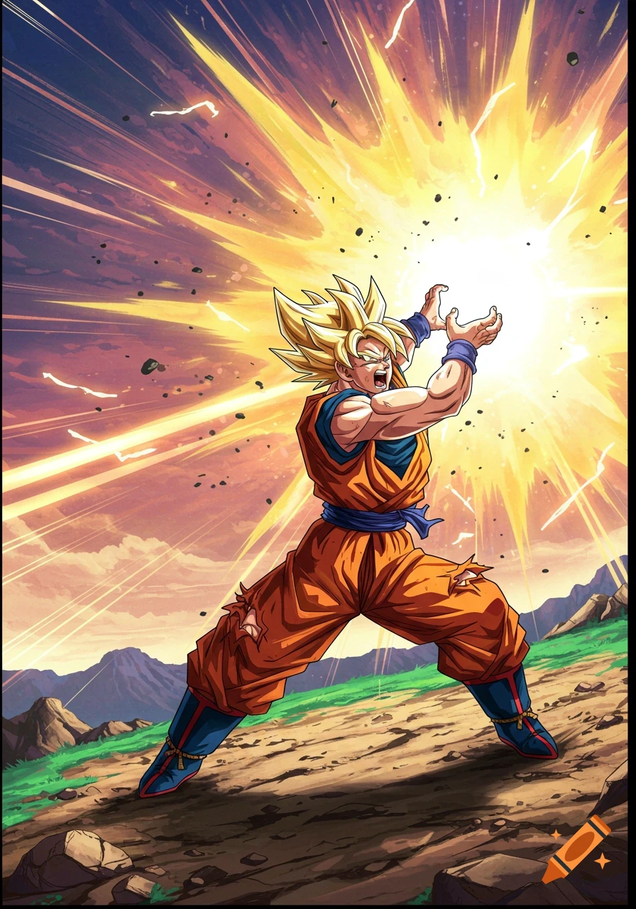 Goku in anime style charging an energy attack against a sunset sky with mountains