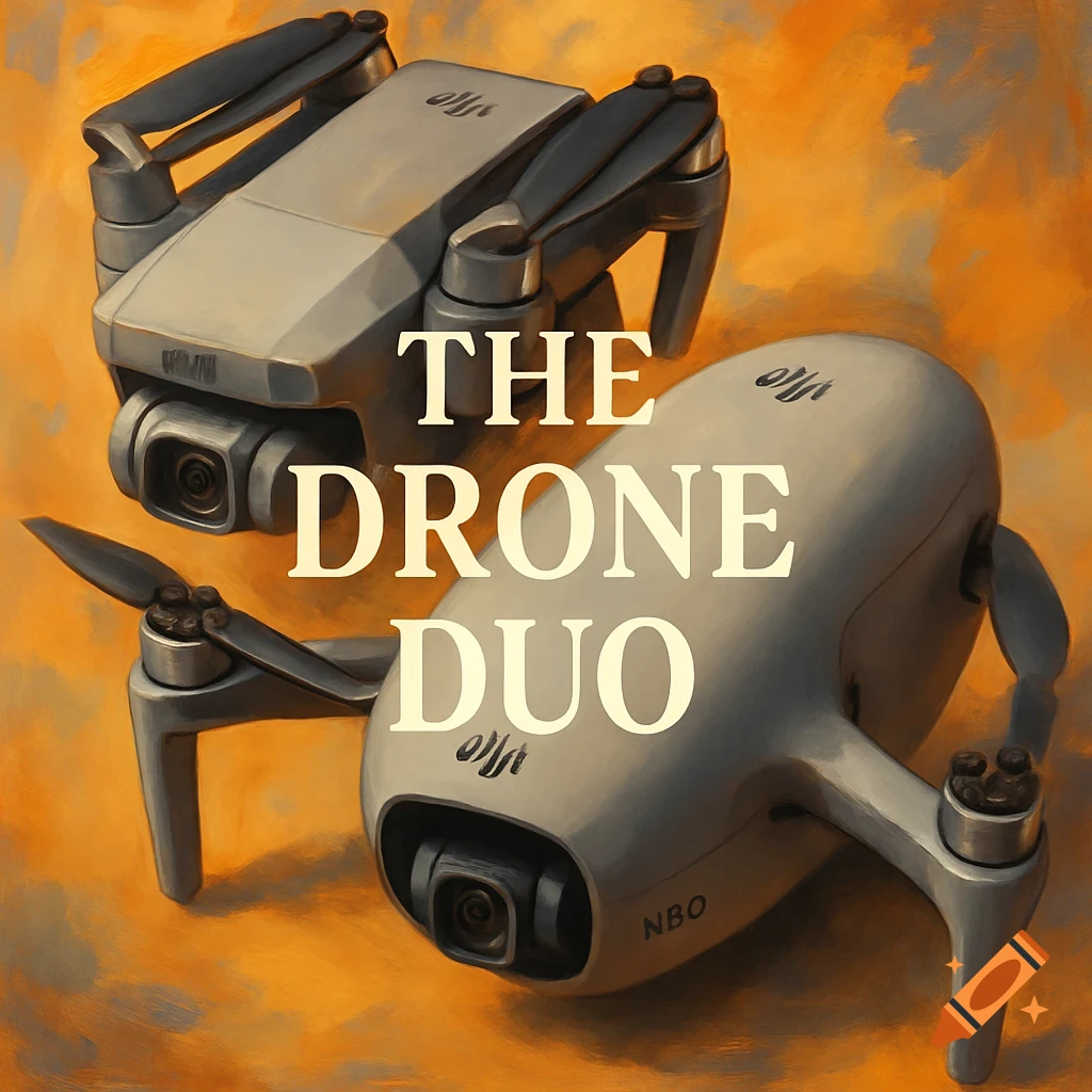 Illustration of two drones with the text THE DRONE DUO overlaid.