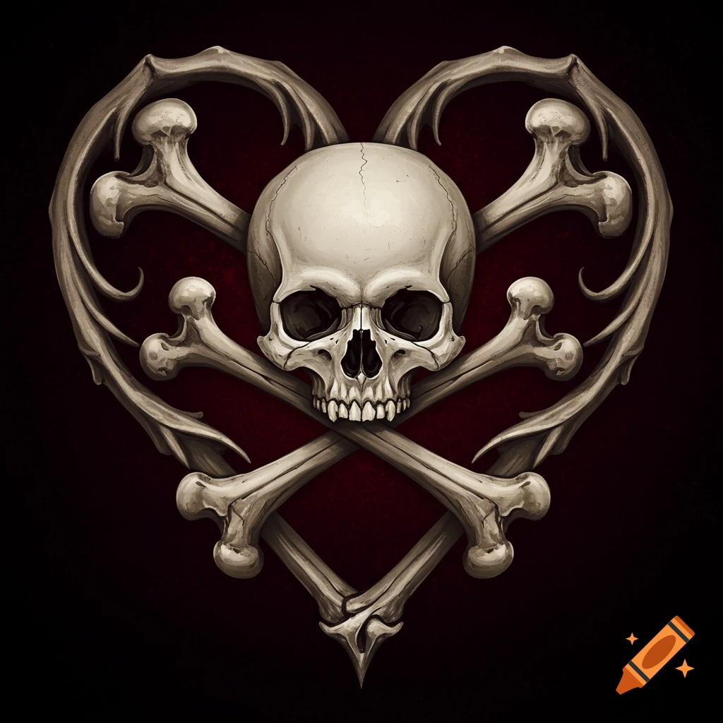 A skull and crossbones arranged in a heart shape, gothic style.