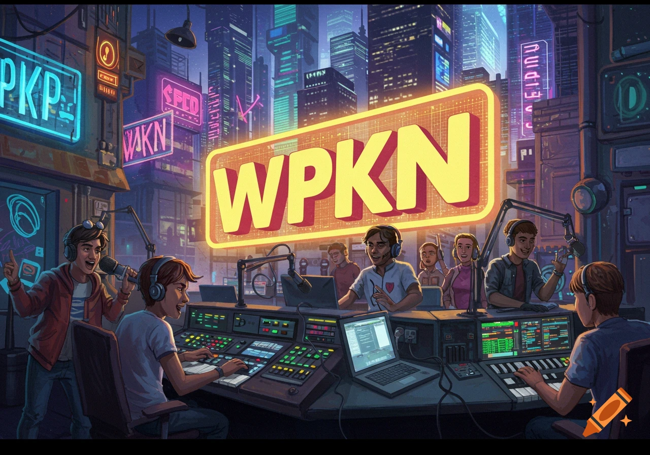 People broadcasting in a radio studio with glowing equipment and a cyberpunk city backdrop.