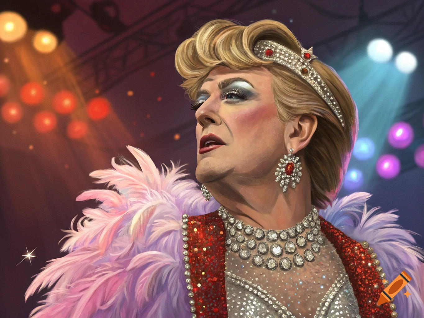 Painting of a person resembling Trump in drag on a stage.