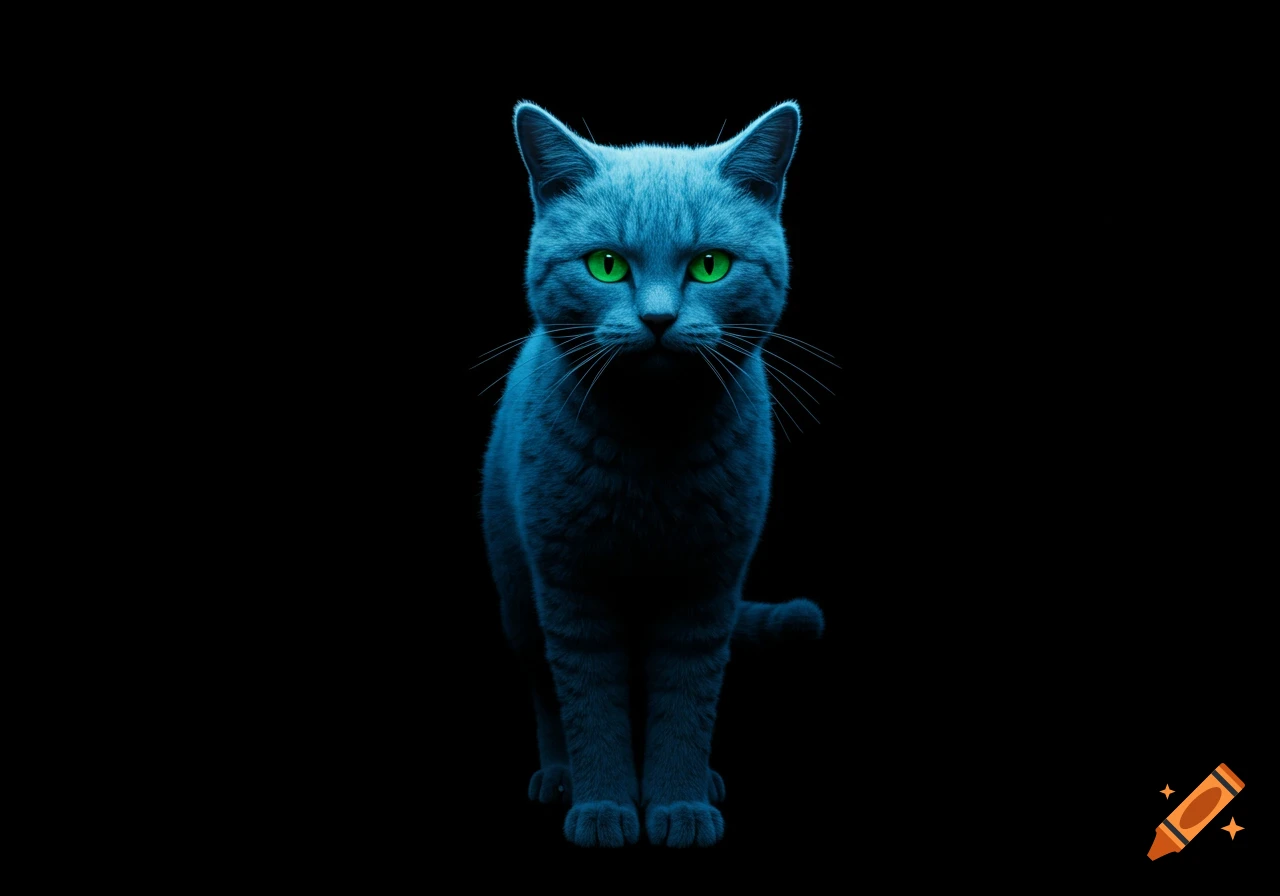 A blue cat with glowing green eyes on a black background.