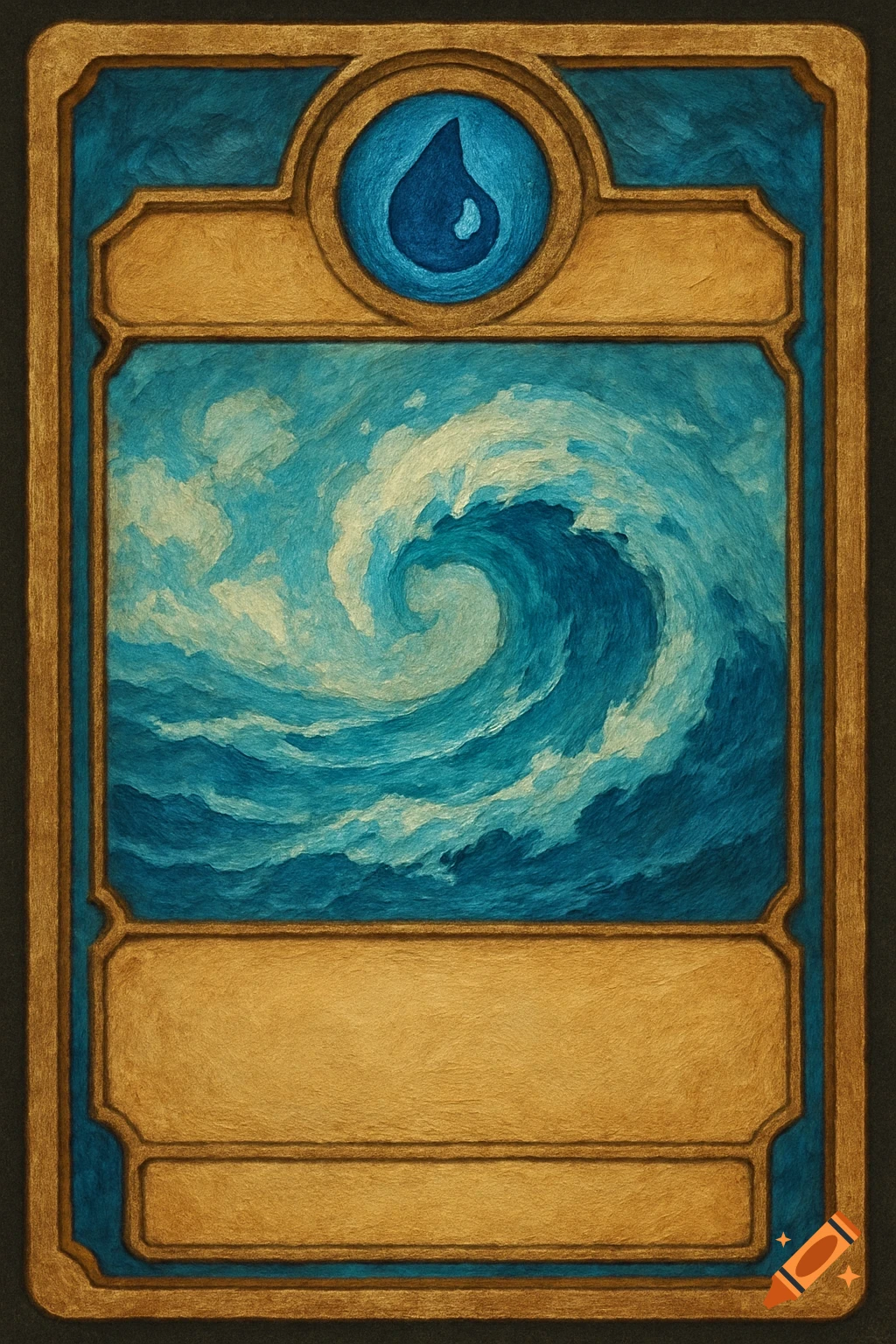 A painterly trading card template with a water drop symbol and a swirling blue ocean wave.