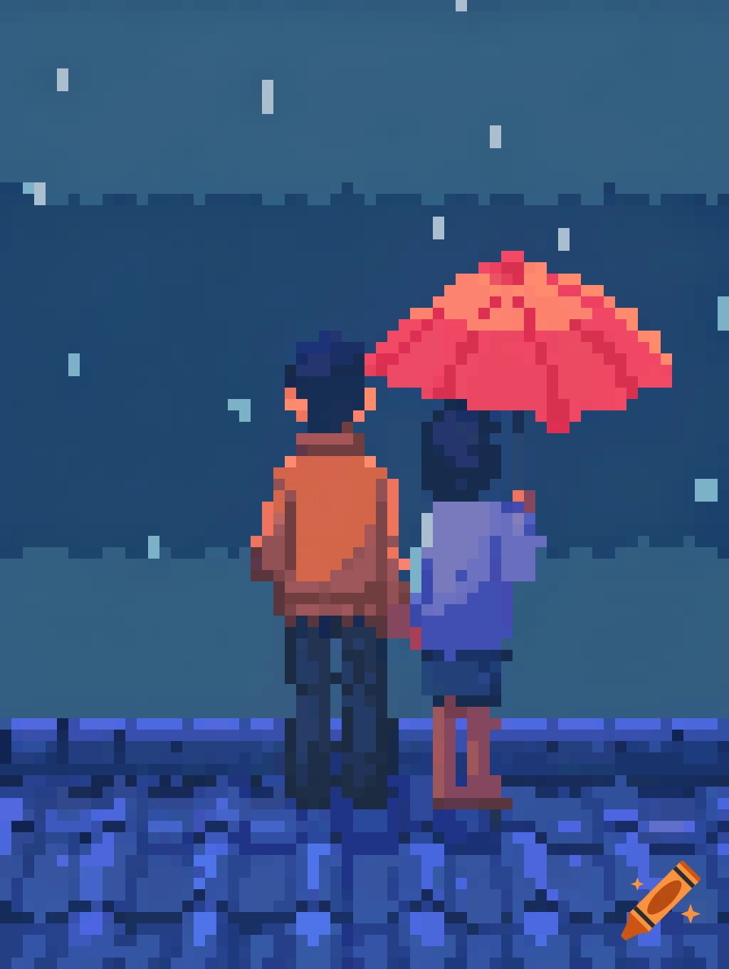 Pixel art of two people sharing an umbrella in the rain at night.
