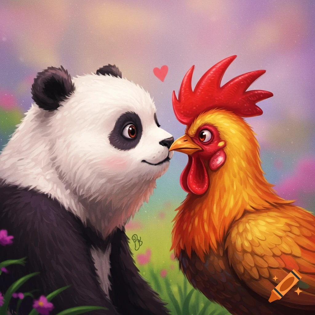 Cute illustration of a panda and a rooster touching noses in a field of flowers.