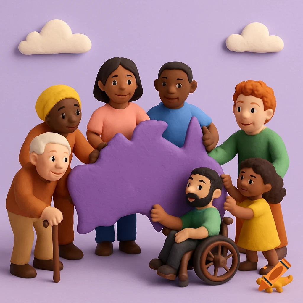 Claymation figures of diverse people holding a map of Australia.