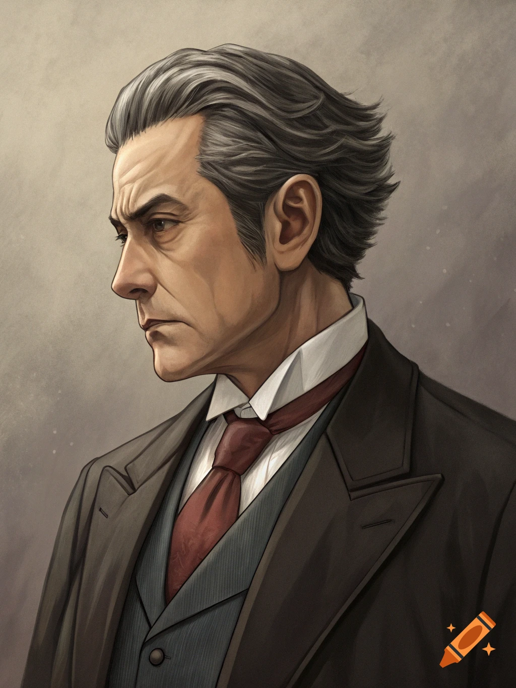 Illustration of an older man in a suit and tie looking left. on Craiyon