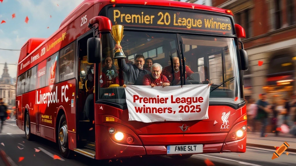A red double-decker bus with "Premier League winners, 2025" banner carrying celebrating people and a trophy down a city street.