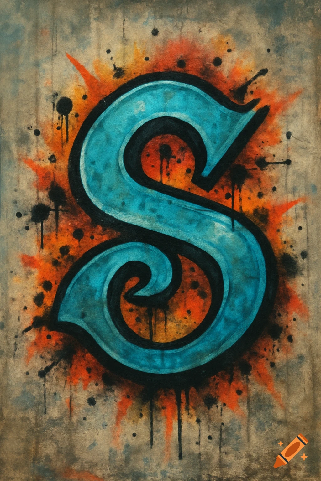Blue stylized letter S in graffiti style with orange and black splatters on a textured background.