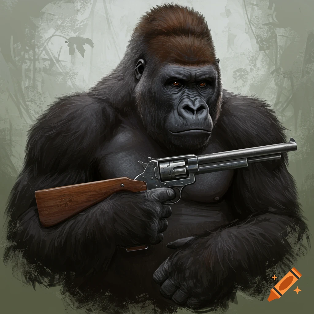 Digital painting of a large gorilla holding a revolver rifle.