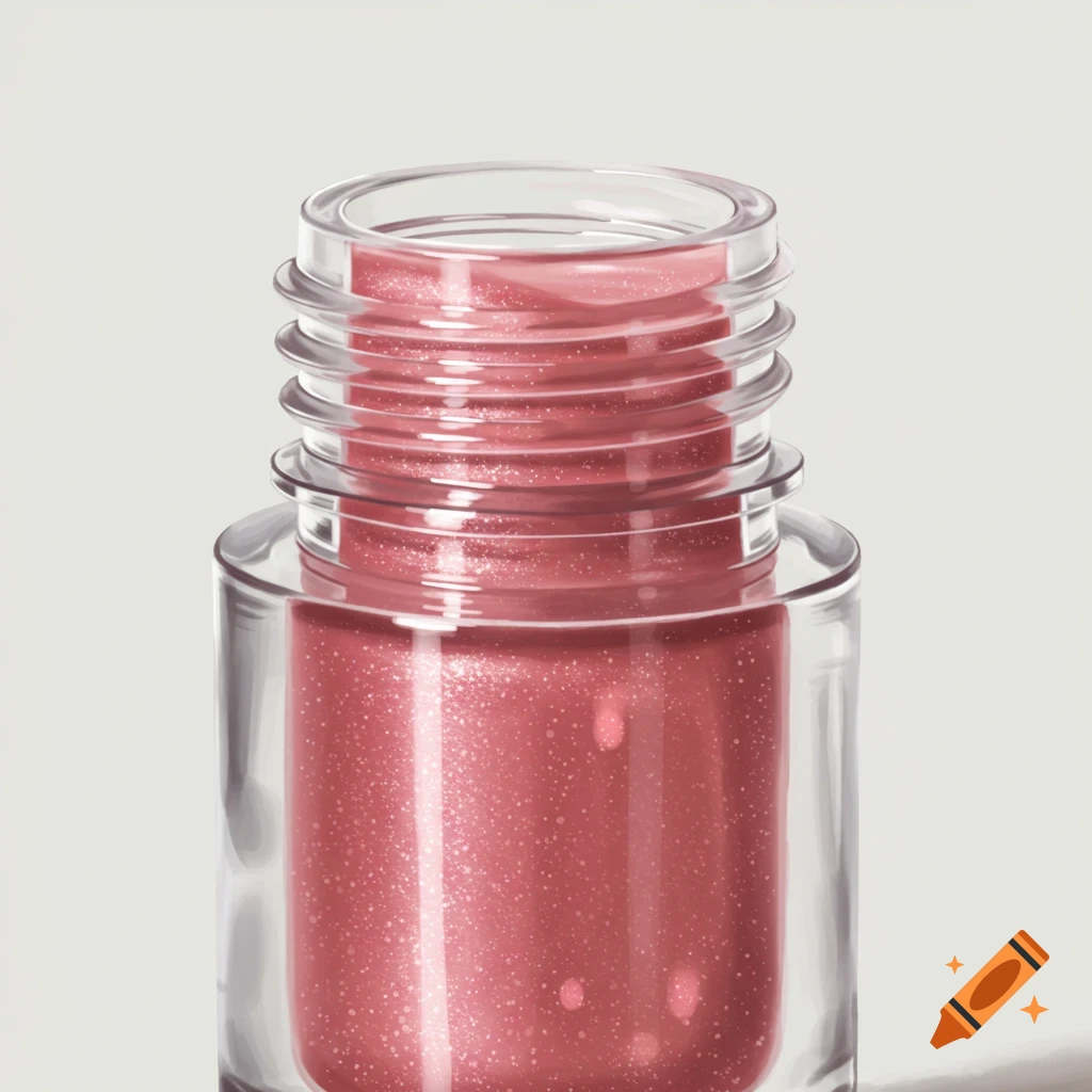 Close-up of a clear plastic container with pink sparkly lip gloss inside.