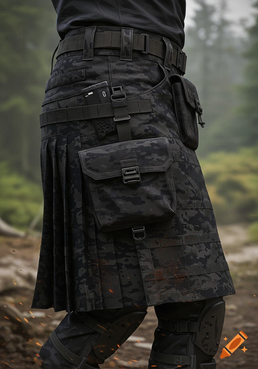 Close-up of a person wearing a dark camouflage tactical kilt with pockets and straps in a forest setting.