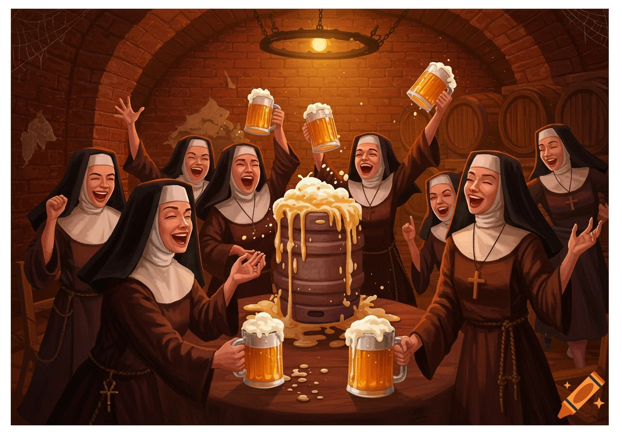 An illustration of a group of cheerful nuns having a beer party in a pub.