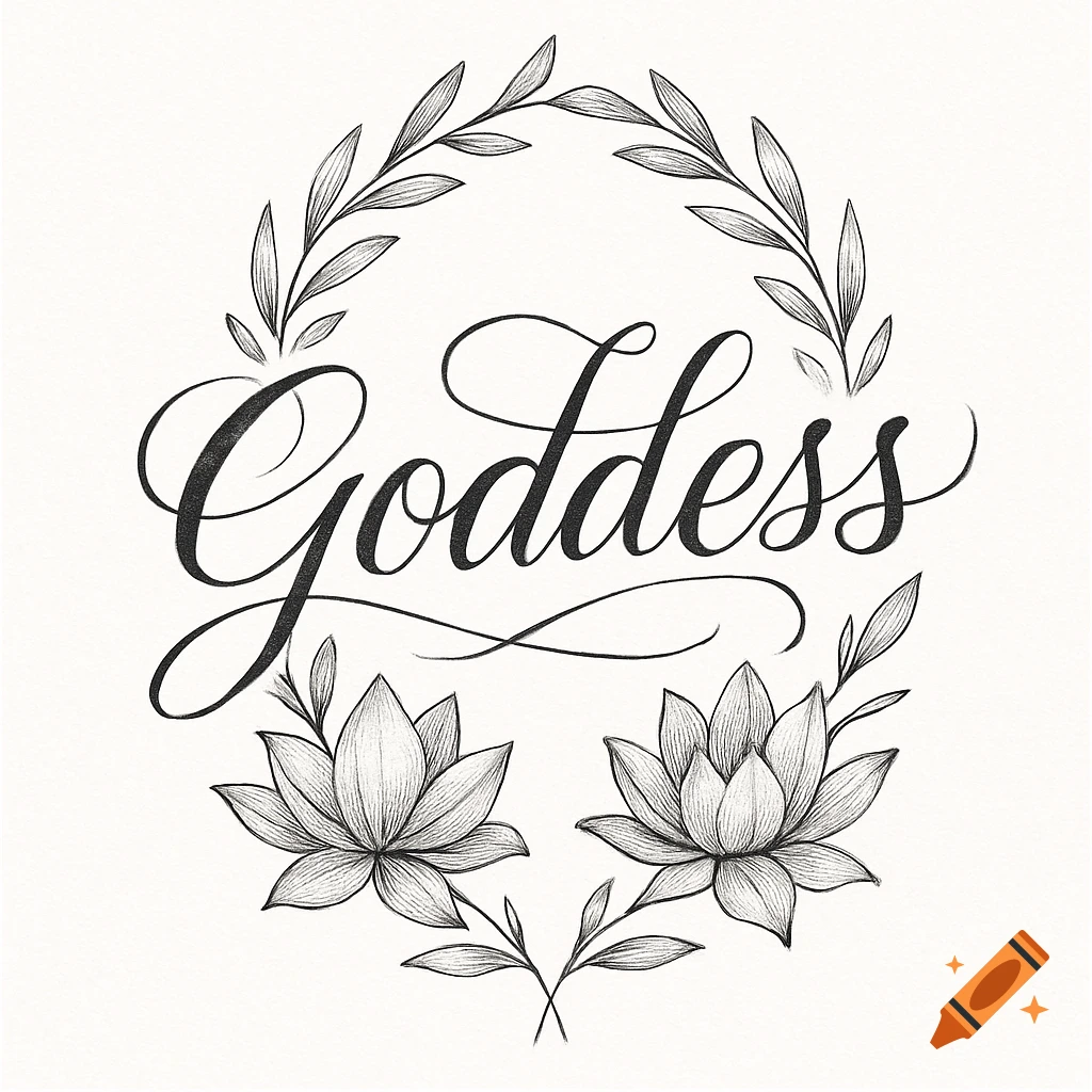 Black and white calligraphy of 'Goddess' in a floral wreath with lotus flowers, illustration style.