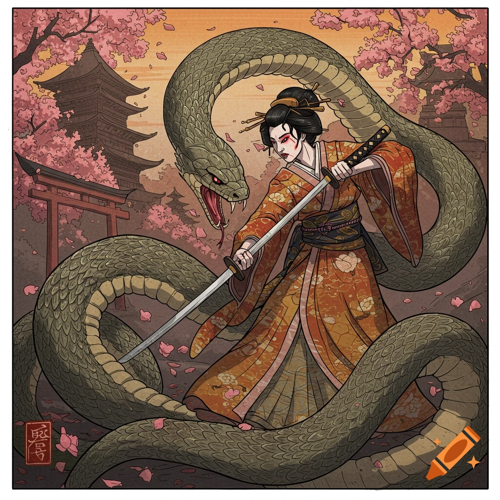 Illustration of a geisha fighting a giant snake in a Japanese landscape with cherry blossoms.