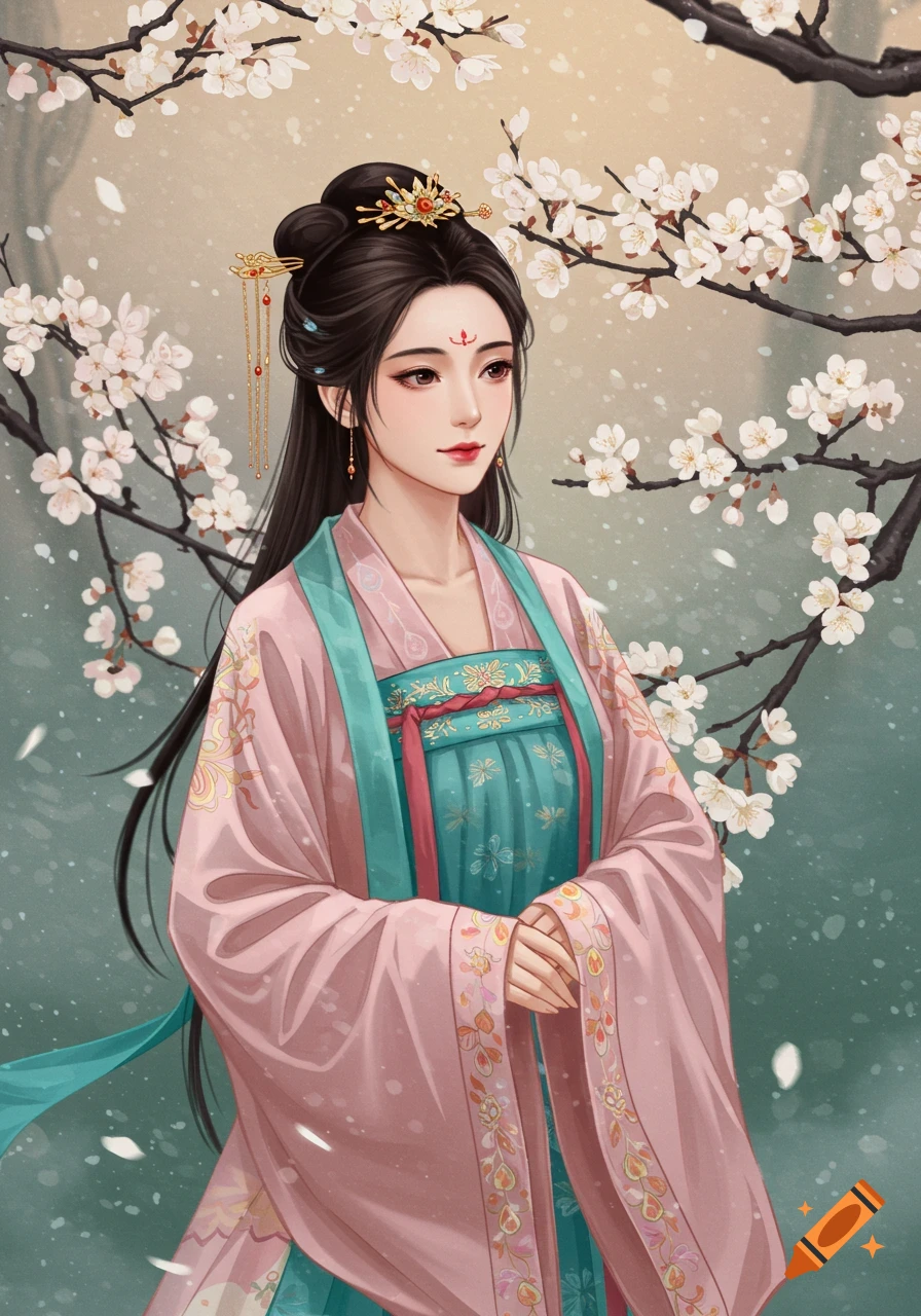 A Chinese woman in elaborate Hanfu stands among flowering white trees in a soft, artistic style.
