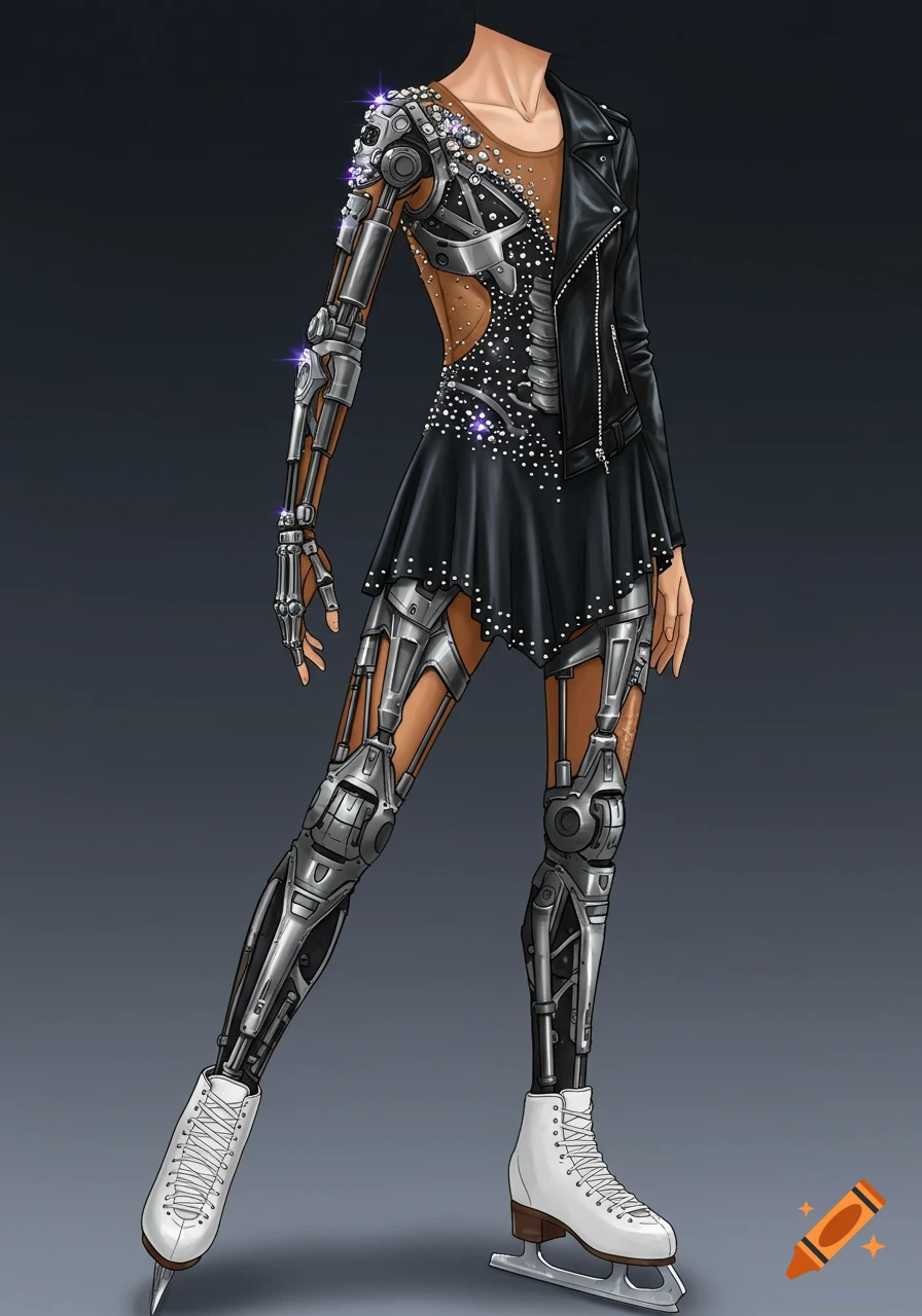 Cyborg figure skater wearing a black dress, leather jacket, and mechanical legs on skates.